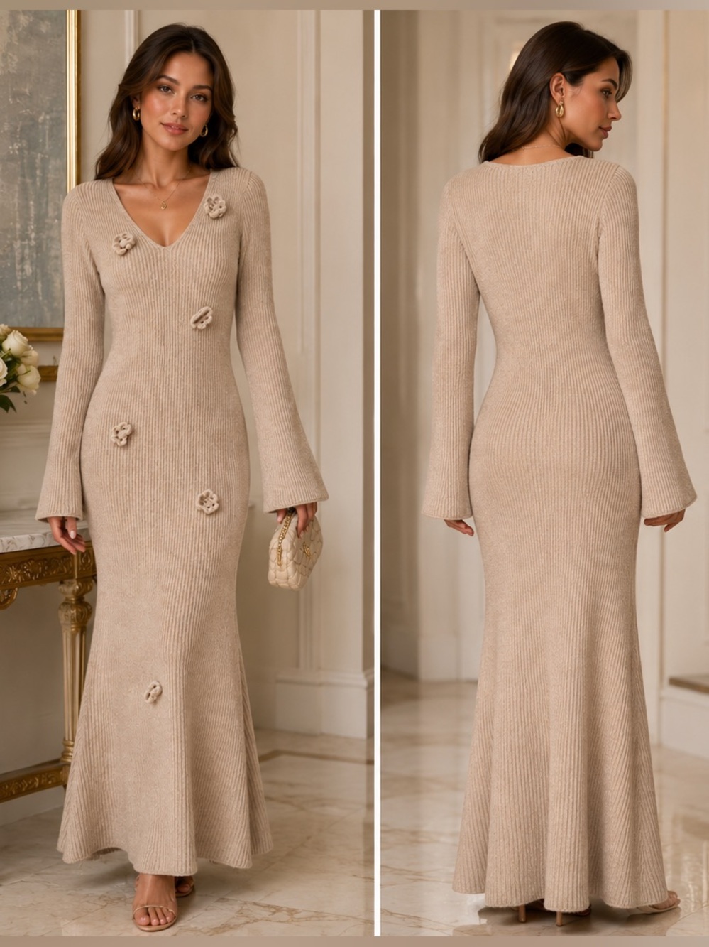 Beige Knit Floral-Appliqué V-Neck Maxi Dress